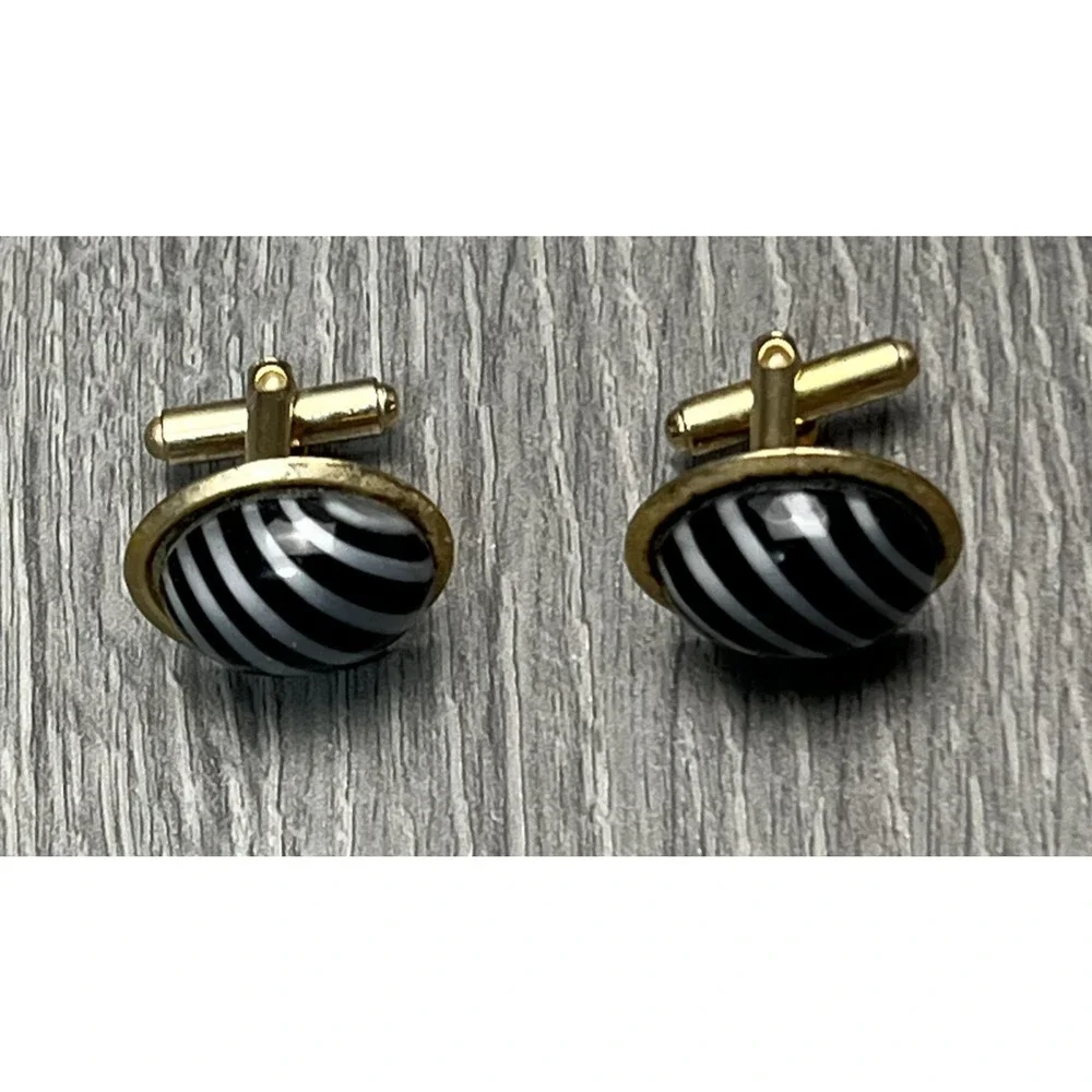 Black White Stripe Oval‎ Cufflinks Mens Gold Tone Domed Cabochon Classic